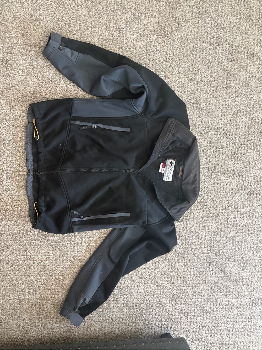Columbia Black Softshell Performance Jacket with Yellow Drawcords